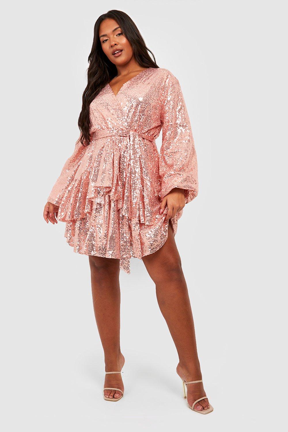 Plus Plunge Ruffle Hem Sequin Skater Dress boohoo